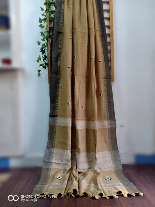 Beige embroidered cotton silk sari