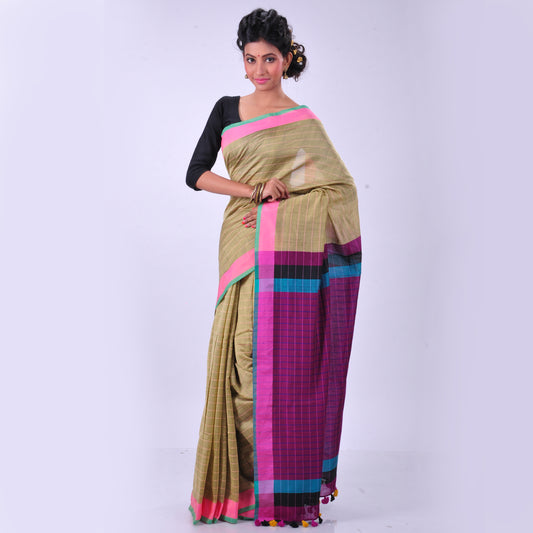 Beige handwoven cotton sari